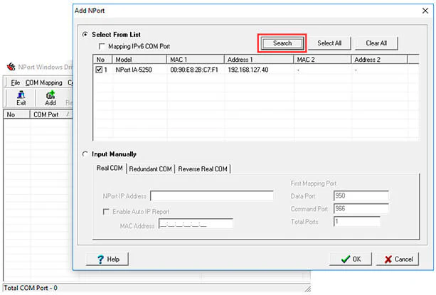 Windows NPort Driver Manager - Search